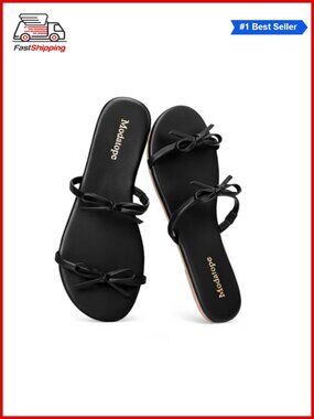 Womens Flat Sandals Cute Bow Slip On Summer Shoes Faux Leather